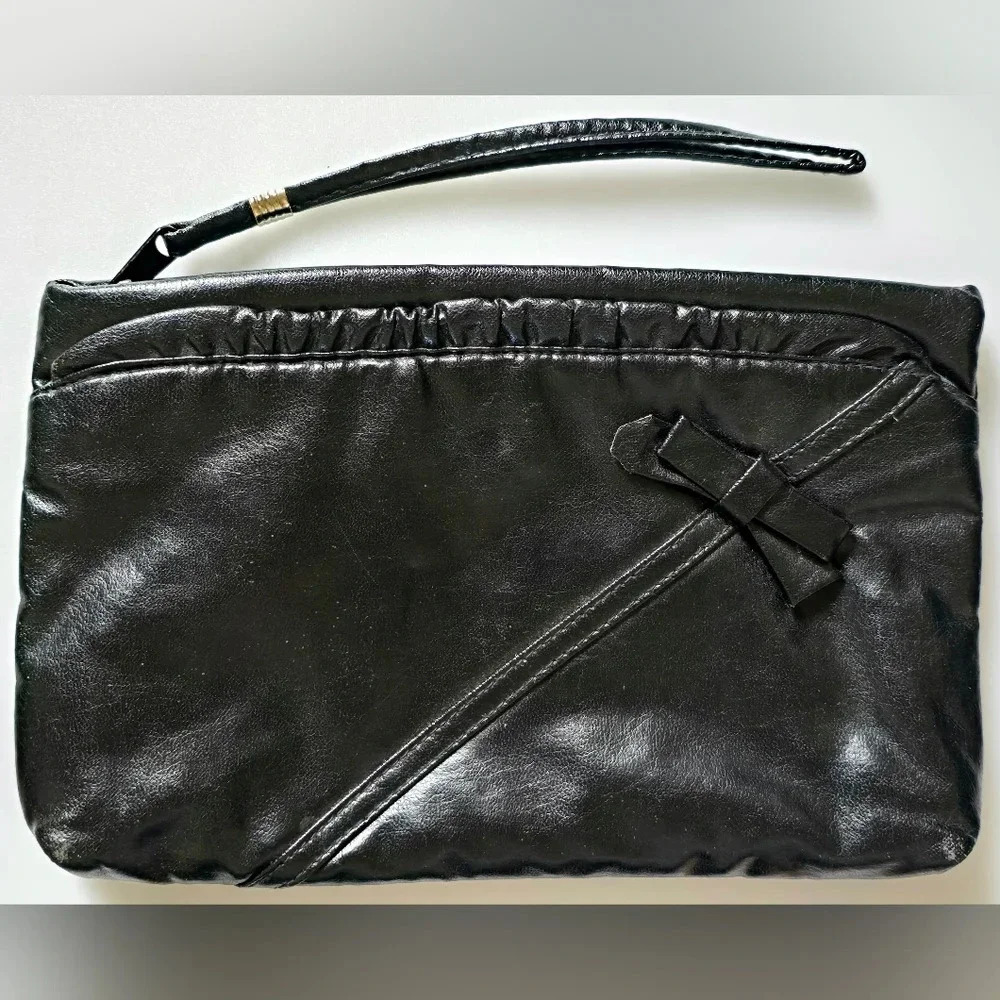 Lovely Vintage 1980s Black Wristlet Clutch with Bow & Ruffles •  Excellent!